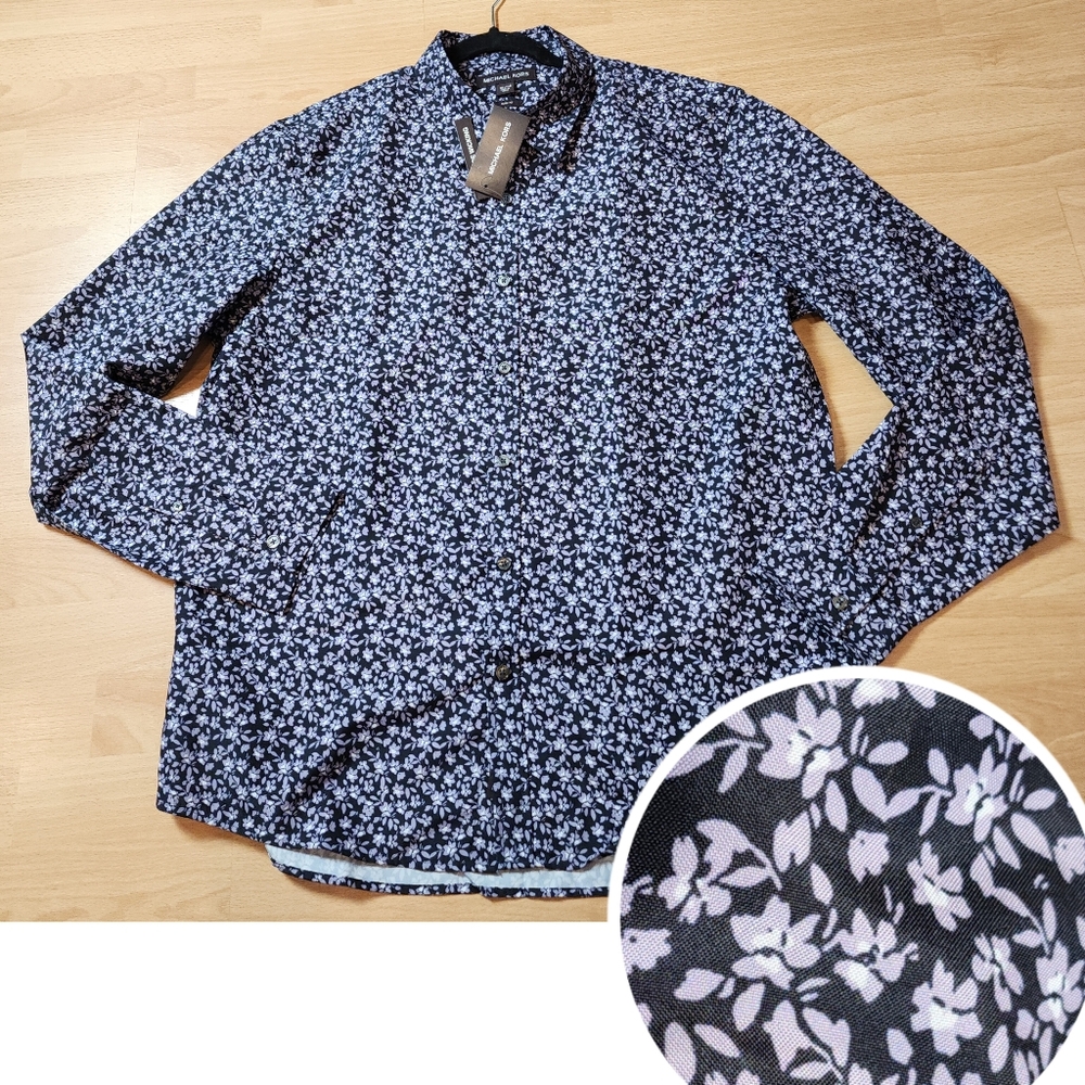 NWT Michael Kors Purple Black Floral Long Sleeve Button Shirt Moisture Wick XL